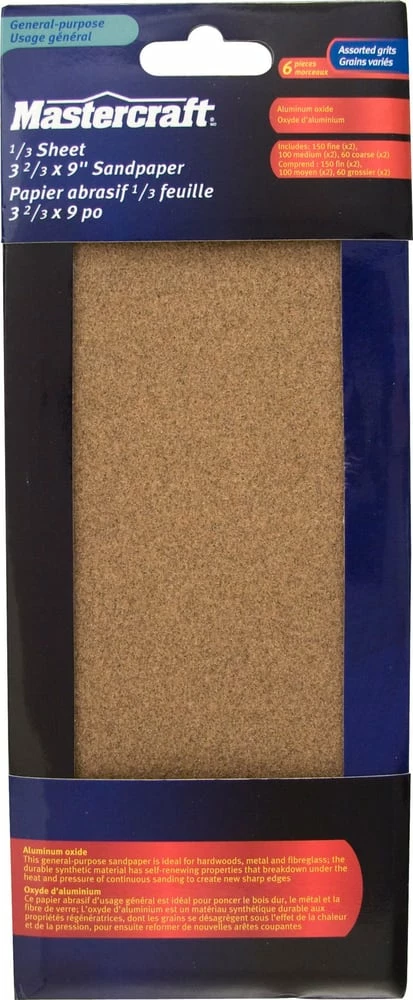 Mastercraft 3-2/3 X 9-in Assorted Grit Aluminum Oxide Sandpaper Sheet Set For Wood, Metal, Plastic, 6-pc