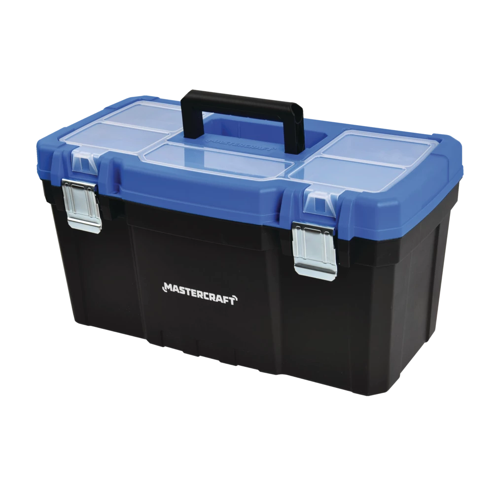 Mastercraft Portable Plastic Tool Box W/ Removable Tray & Tray Top, Blue, 22-in - Image 2