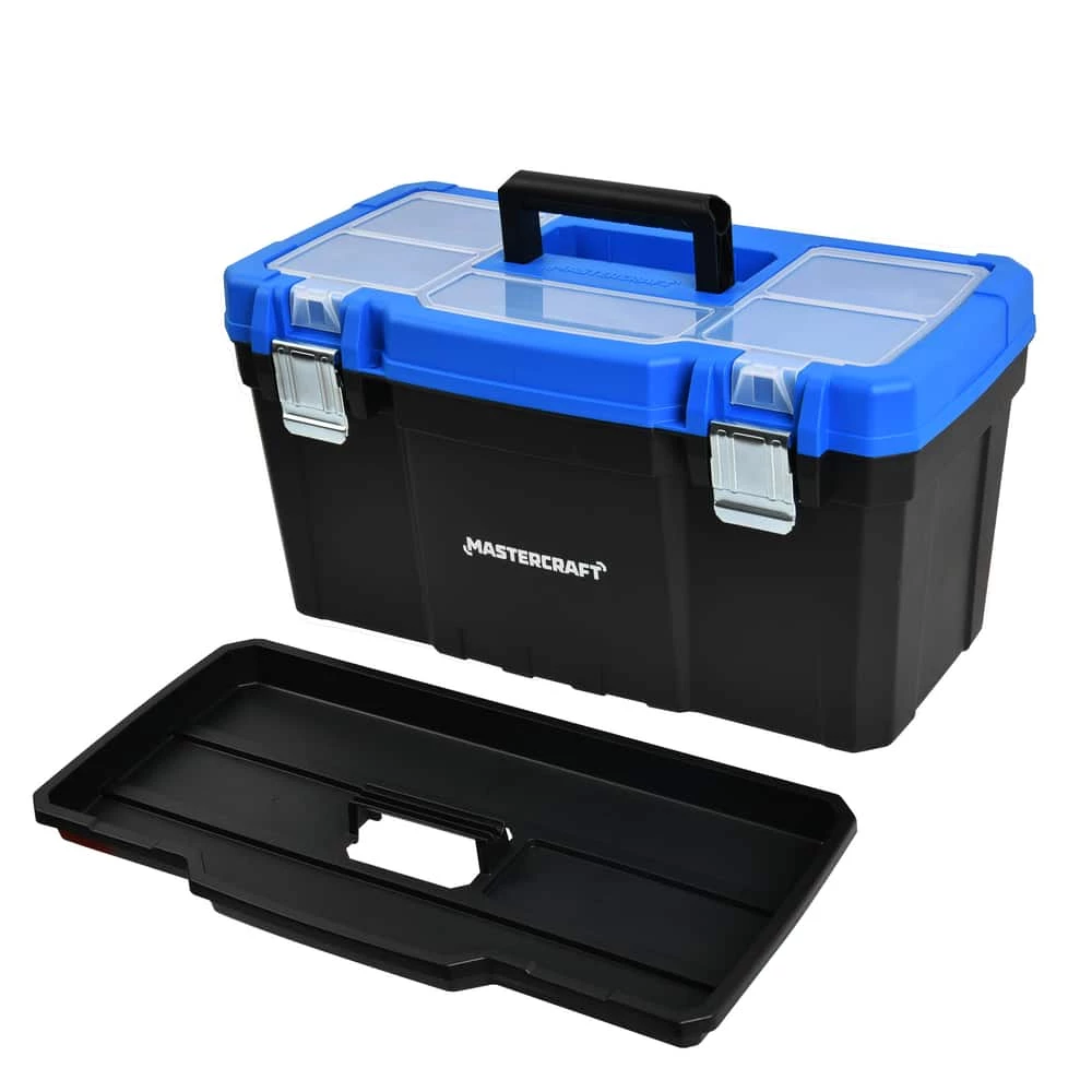 Mastercraft Portable Plastic Tool Box W/ Removable Tray & Tray Top, Blue, 22-in - Image 7
