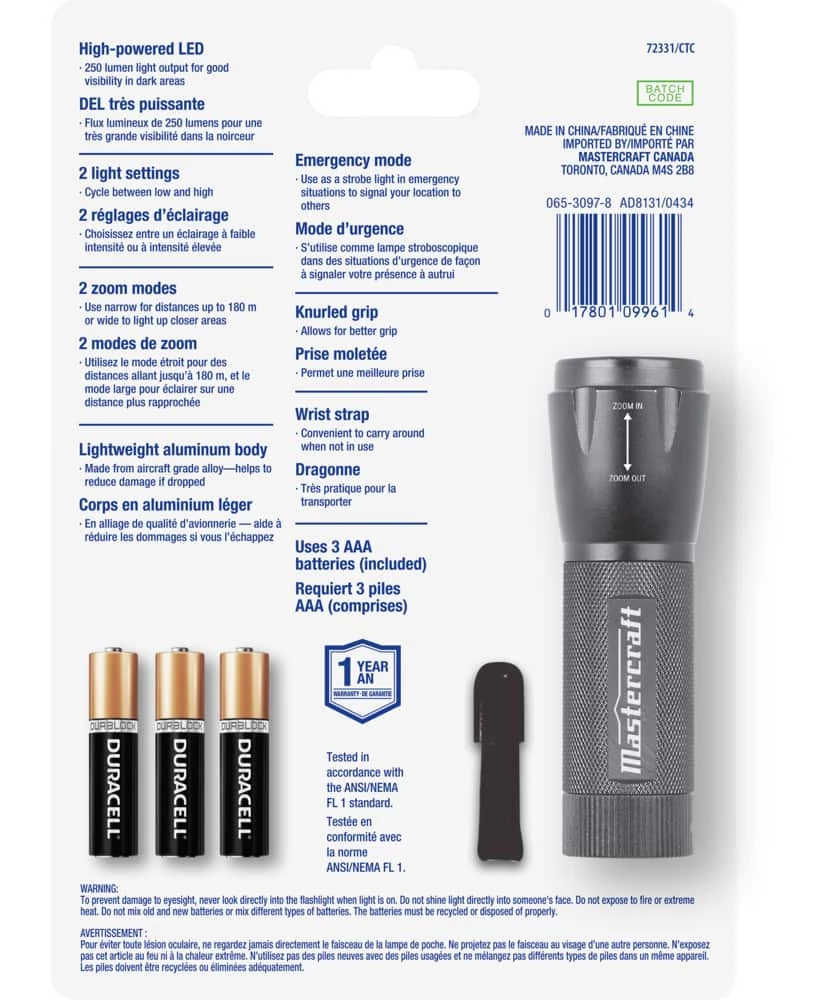 Mastercraft 250 Lumens Waterproof Aluminum LED Handheld Flashlight, Batteries Included, Black - Image 3