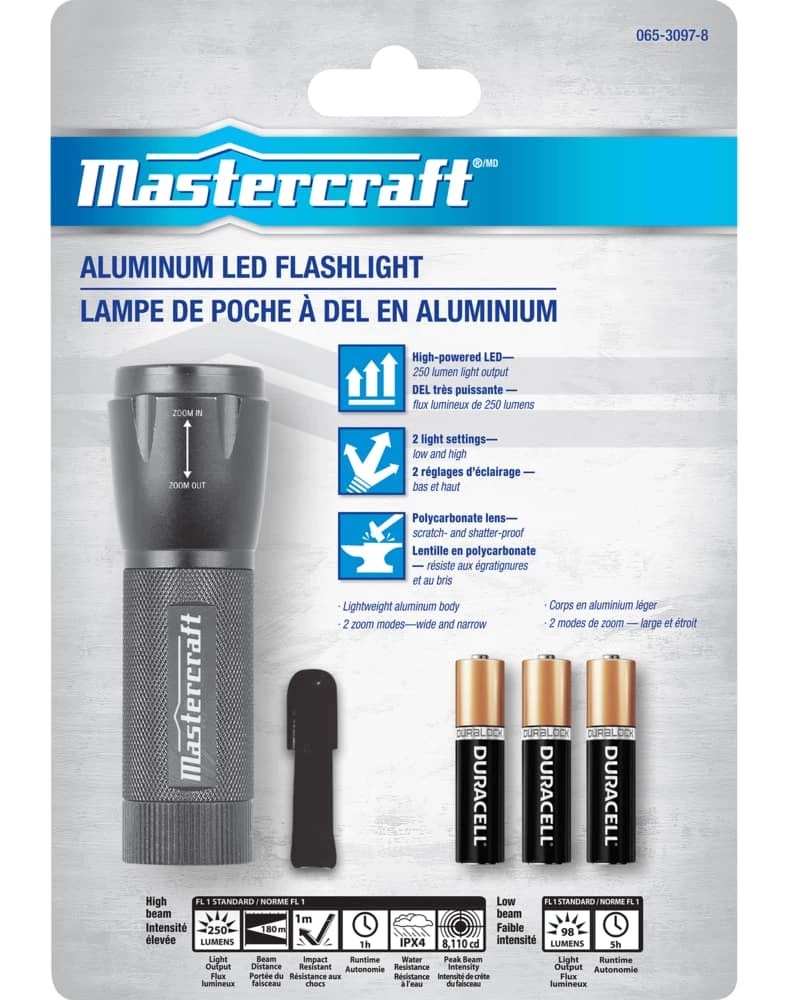 Mastercraft 250 Lumens Waterproof Aluminum LED Handheld Flashlight, Batteries Included, Black - Image 2