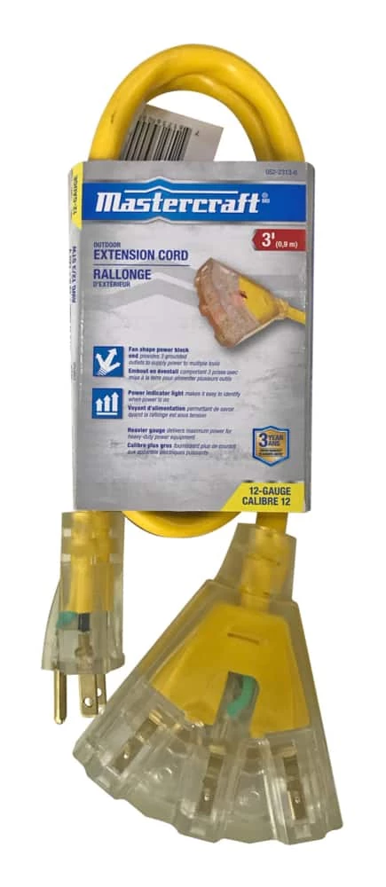 Mastercraft 3-ft 12/3 Outdoor Extension Cord With 3 Grounded Outlets And Lighted End, Yellow
