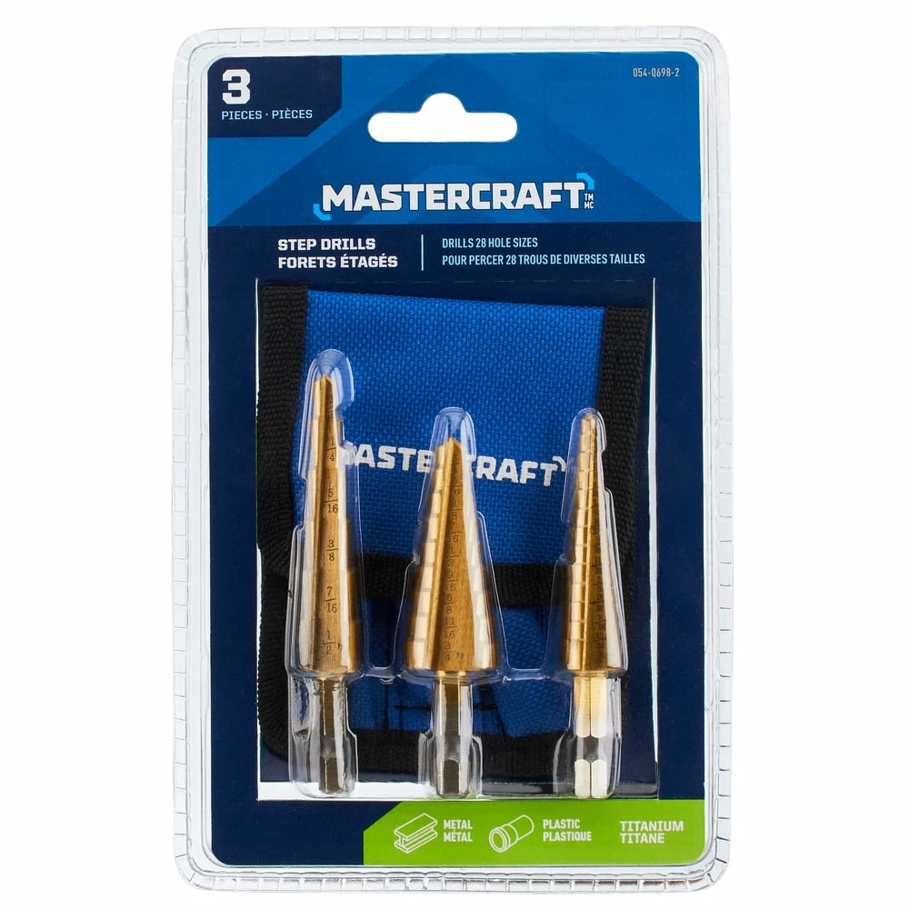 Mastercraft Titanium-Nitride Coated Step Drill Bit Set For Metal, Plastic, 3-pc