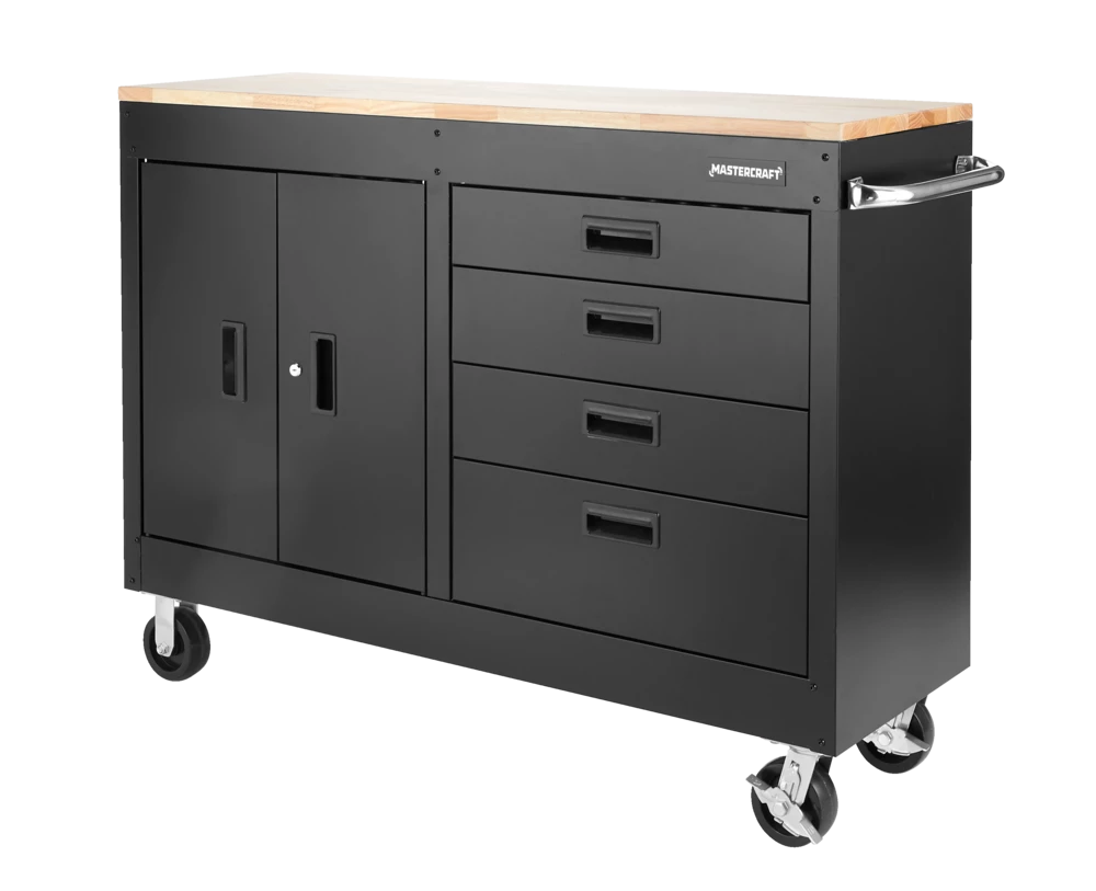Mastercraft 4-Drawer, 2 Door Wooden Top Workstation + Cabinet With Wheels, Black Series, 54 X 18 X 41-in