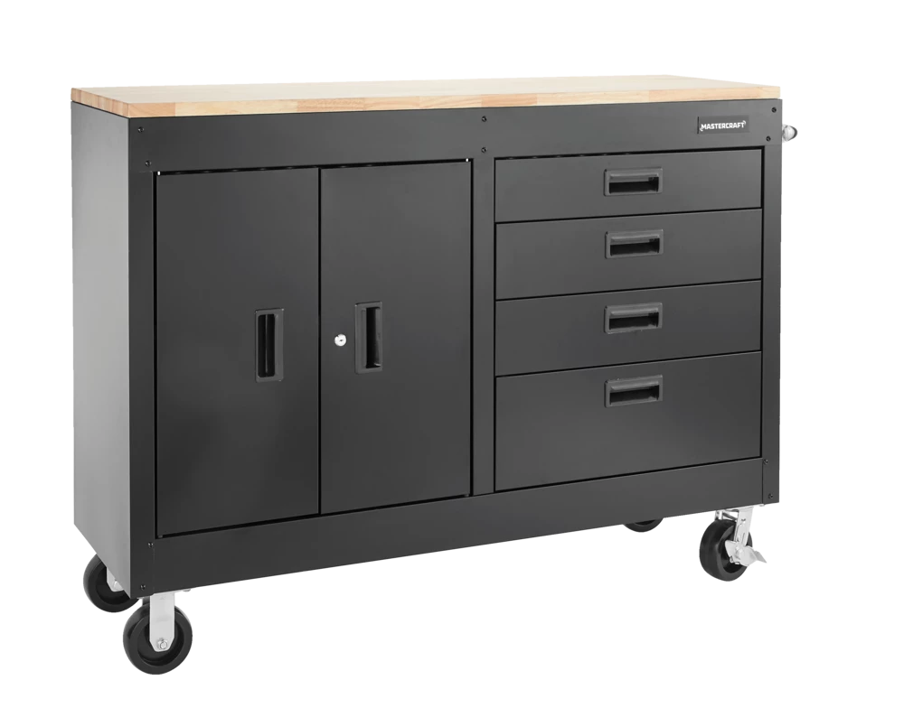 Mastercraft 4-Drawer, 2 Door Wooden Top Workstation + Cabinet With Wheels, Black Series, 54 X 18 X 41-in - Image 3