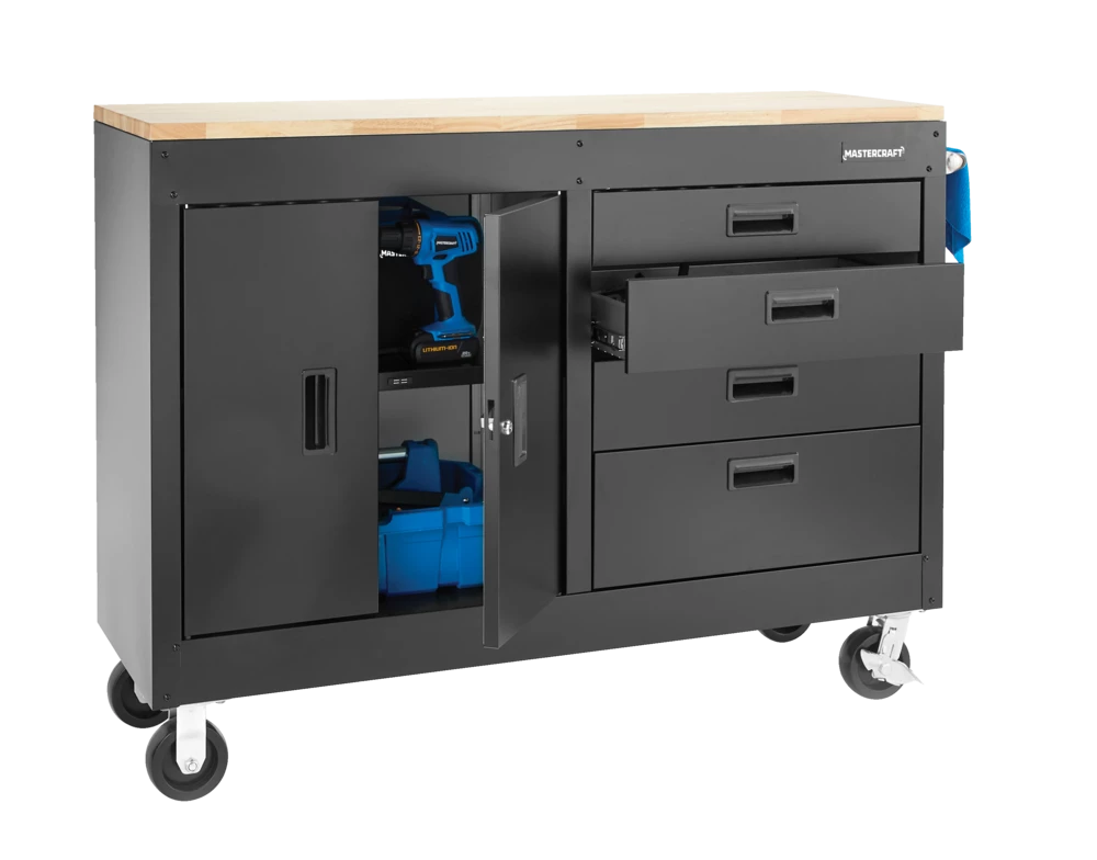Mastercraft 4-Drawer, 2 Door Wooden Top Workstation + Cabinet With Wheels, Black Series, 54 X 18 X 41-in - Image 4