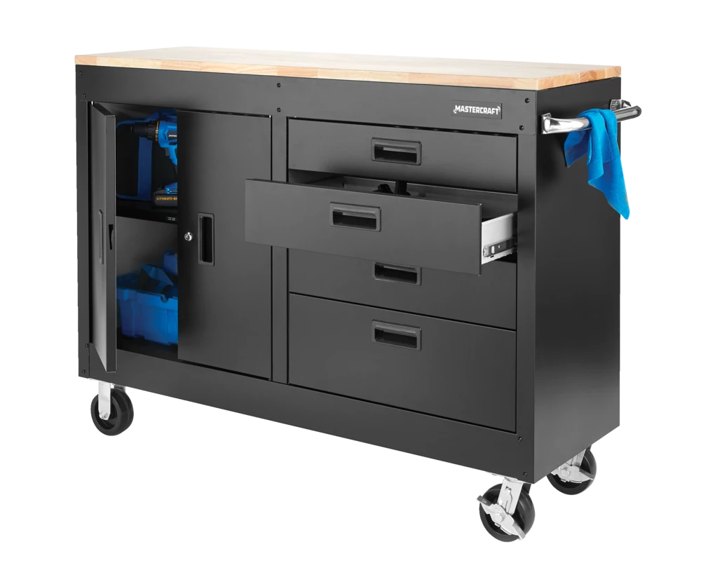 Mastercraft 4-Drawer, 2 Door Wooden Top Workstation + Cabinet With Wheels, Black Series, 54 X 18 X 41-in - Image 6