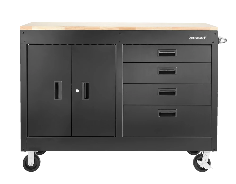Mastercraft 4-Drawer, 2 Door Wooden Top Workstation + Cabinet With Wheels, Black Series, 54 X 18 X 41-in - Image 2
