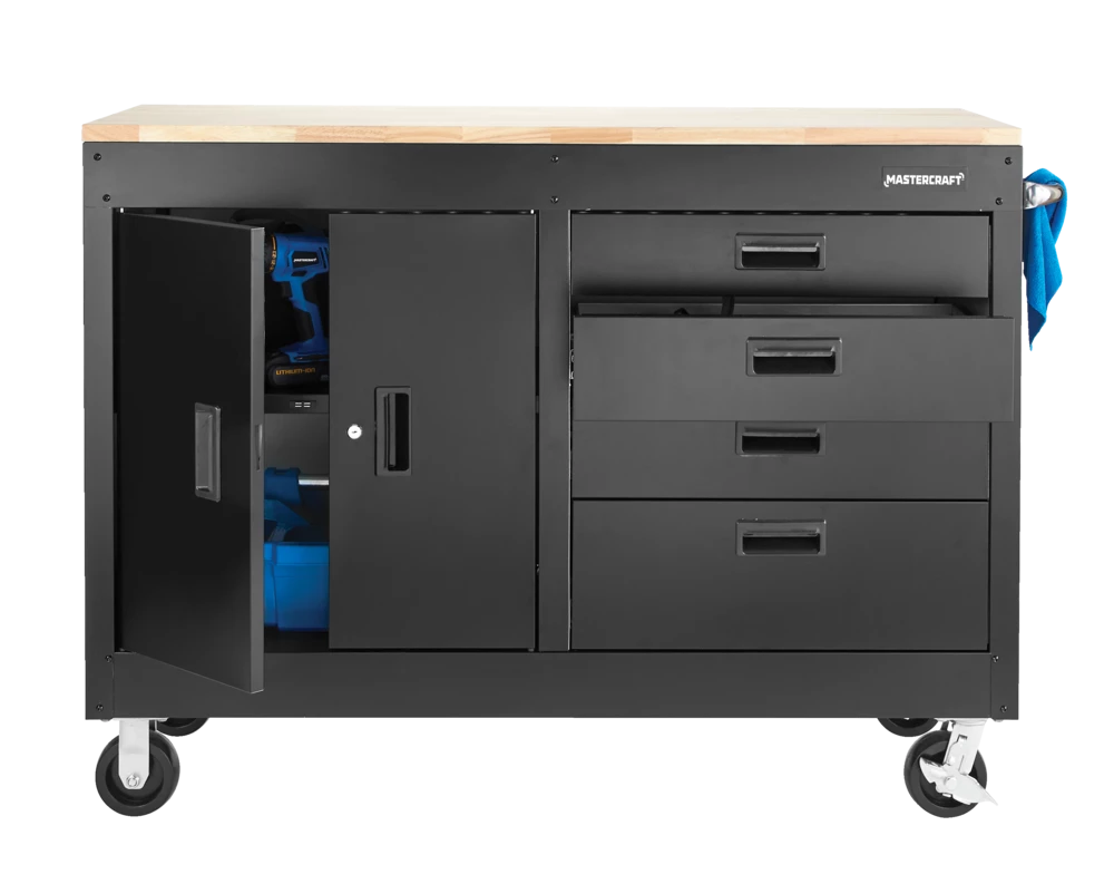 Mastercraft 4-Drawer, 2 Door Wooden Top Workstation + Cabinet With Wheels, Black Series, 54 X 18 X 41-in - Image 5