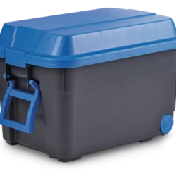 Mastercraft Heavy Duty Tilt & Tow Storage Box With Wheels And Latched Lid, 95-L, Black/Blue