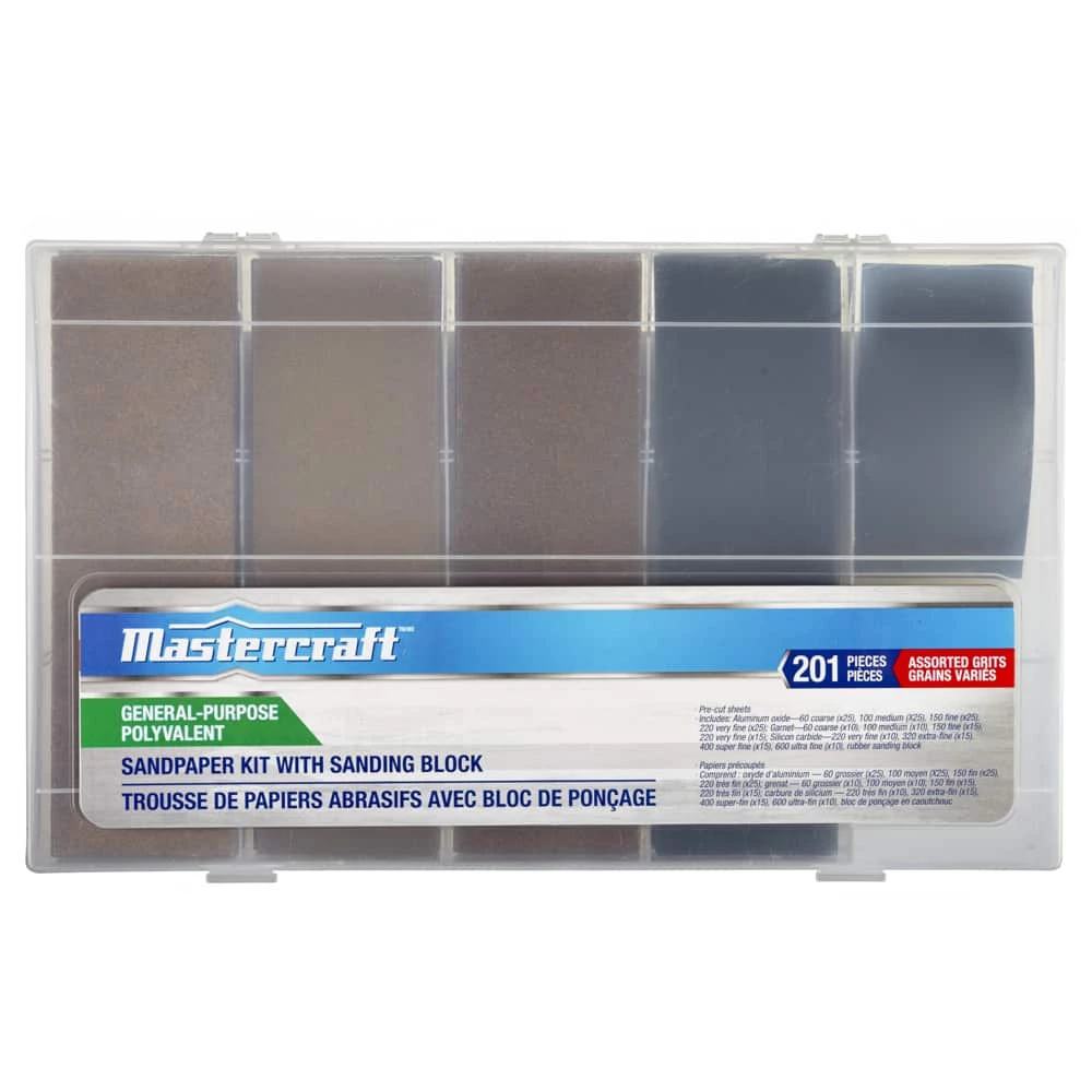 Mastercraft Sandpaper Kit With Sanding Block For Wood, Metal, Plastic, 201-pc