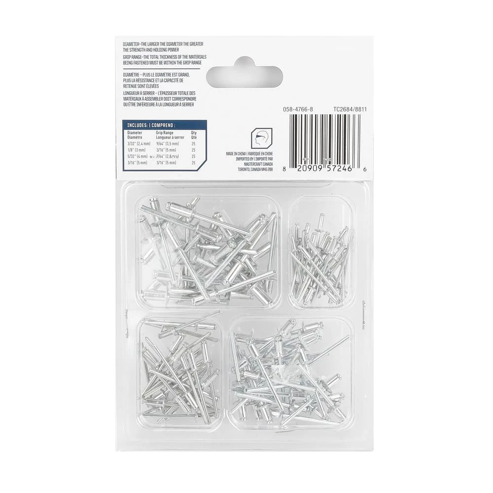 Mastercraft Aluminum Rivet Assortment, Multiple Sizes, 100-pc - Image 4
